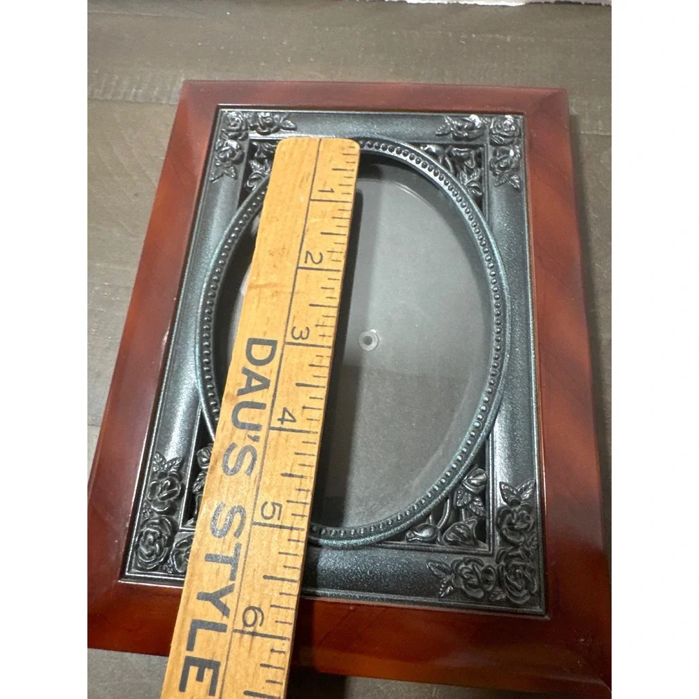 Vintage Faux Wood and Silver Rose Oval Picture Frame 8.5x6.5 Brown Silver
